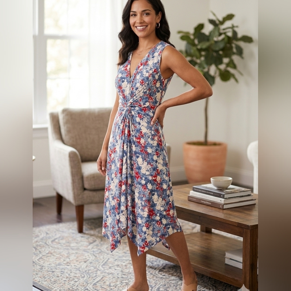 Asymmetrical Floral Dress - Blue and Red